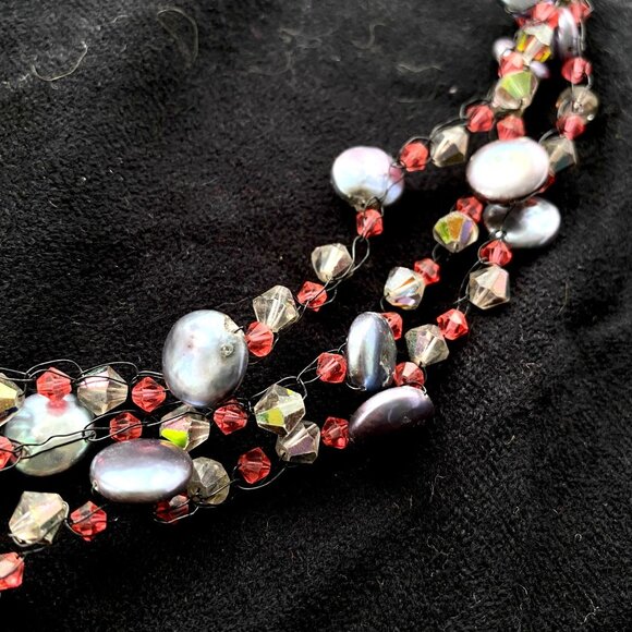 Handmade Wire Crochet Coin Pearls Swarovski Crystals Necklace Sterling 16in - Picture 3 of 5